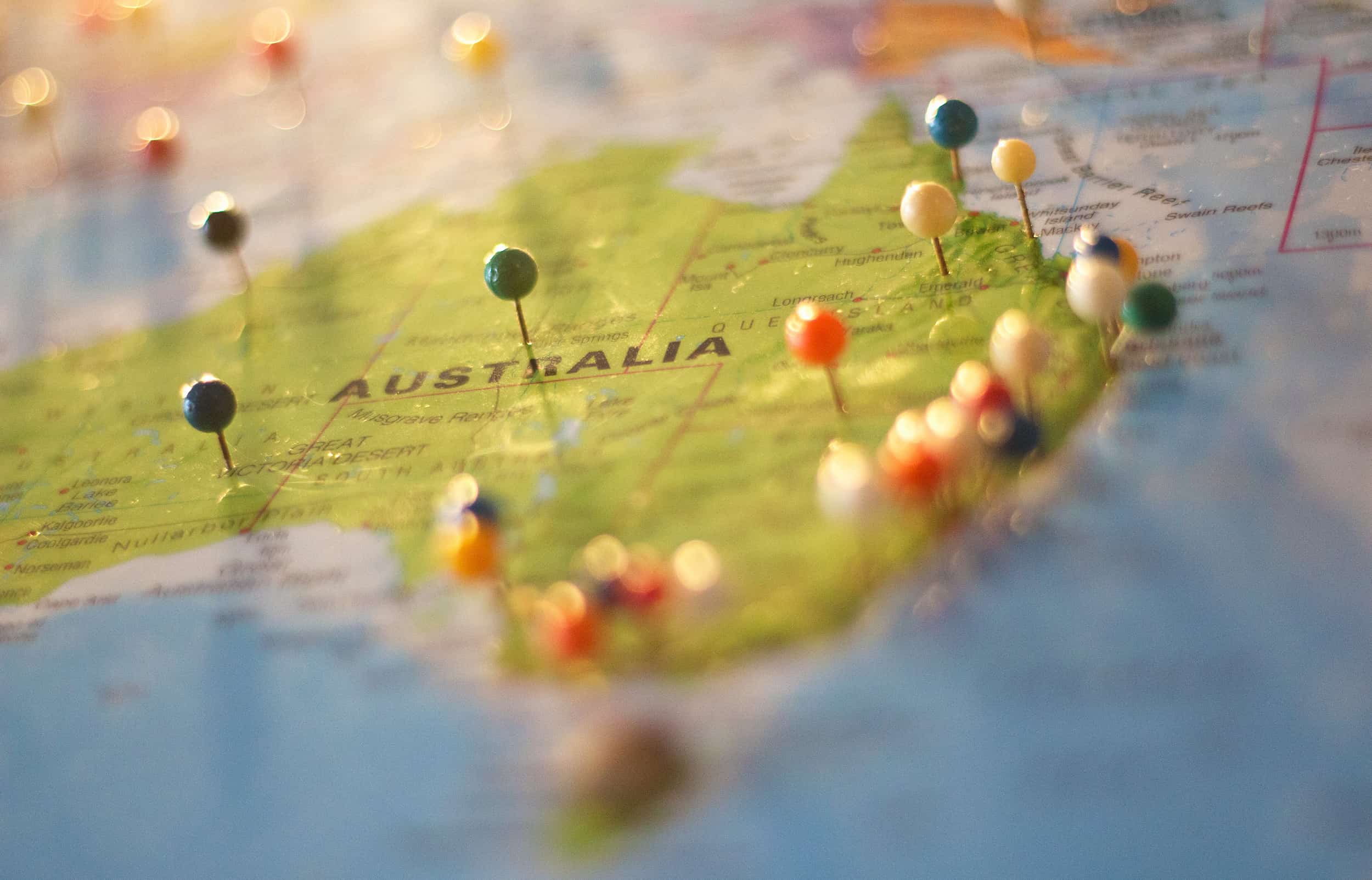 A map of Australia with pins are various towns and cities